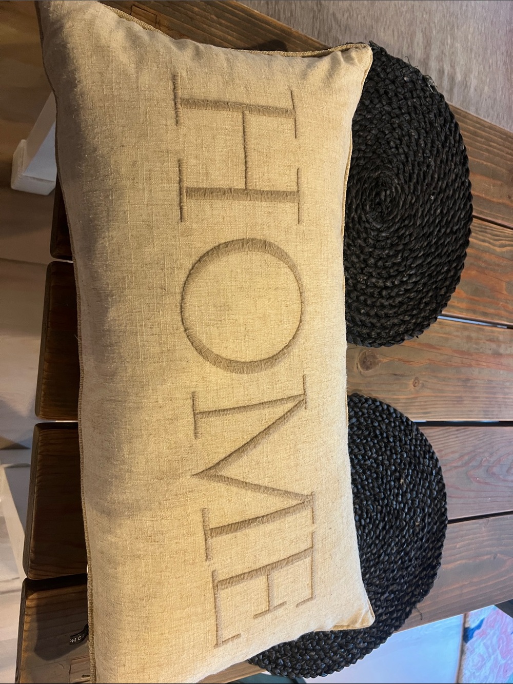 Embroidered 'HOME' Neutral Linen Accent Pillow - Beige